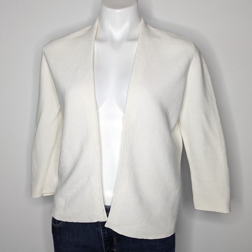 J McLaughlin White 100% Cotton 1/2 Sleeve Open Cardigan M